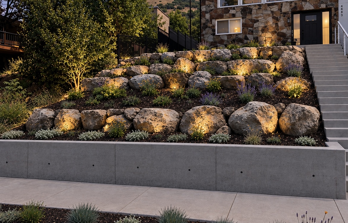 Tiered boulder retaining wall with plantings and landscape lighting at dusk