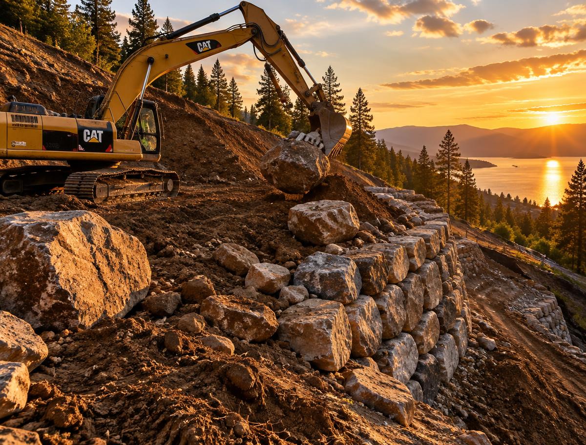 Excavator setting boulders for a retaining wall