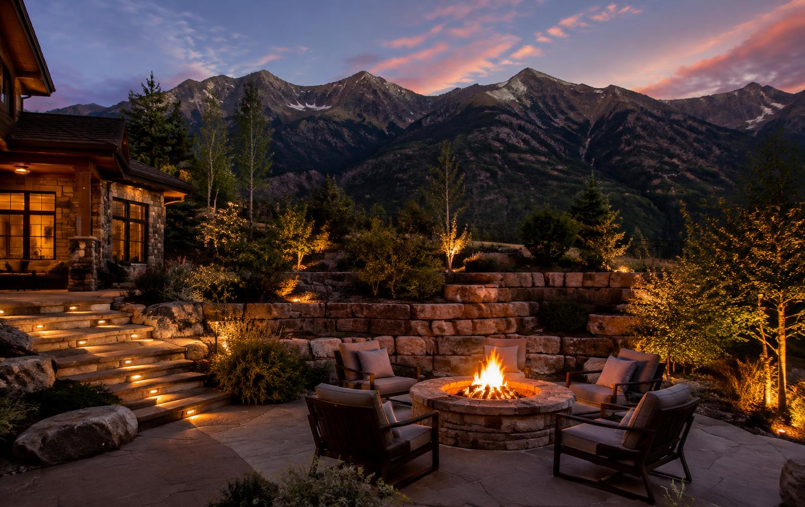 Stone retaining walls and fire pit glowing at dusk